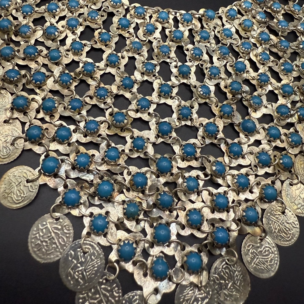 Vintage Faux Turquoise and Silver Tone Statement Necklace Bib Style Bohemian - Picture 2 of 4